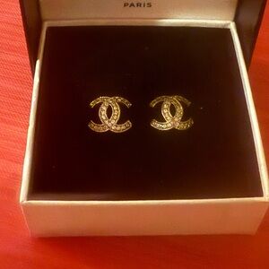 CHANEL Gold and Crystal Logo Earrings